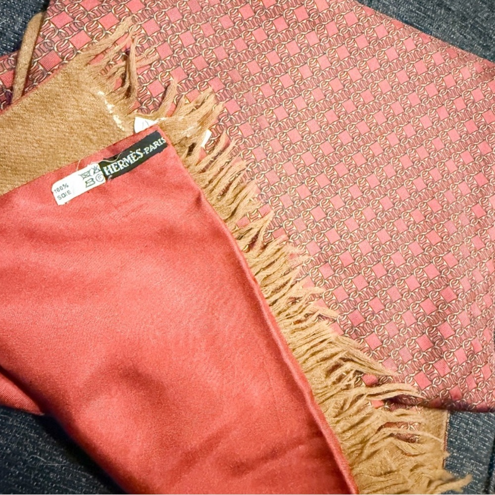 Hermes Cashmere & Wool Double Sided Scarf EUC Coral & Tan